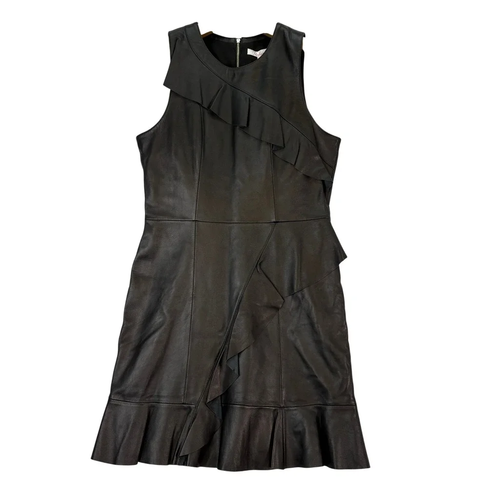 NWT Parker Black Leather Ruffle Sheath Mini Dress Size 10‎ Sleeveless Party Date